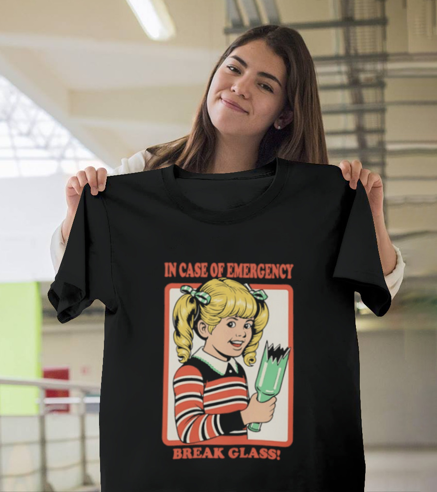 In Case Of Emergency Break Glass Blonde Girl With Striped Sweater Holding Broken Bottle T-Shirt