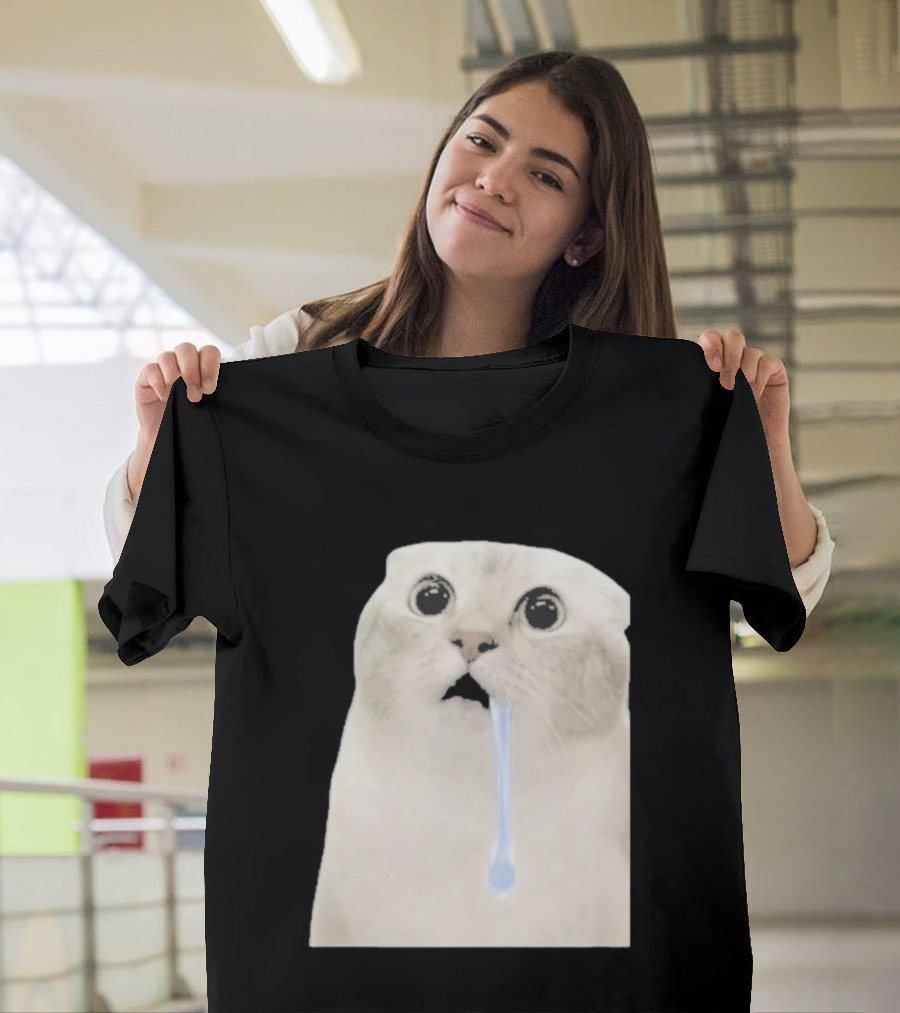 Wide Eyed Drooling Cat Meme Humor T-Shirt