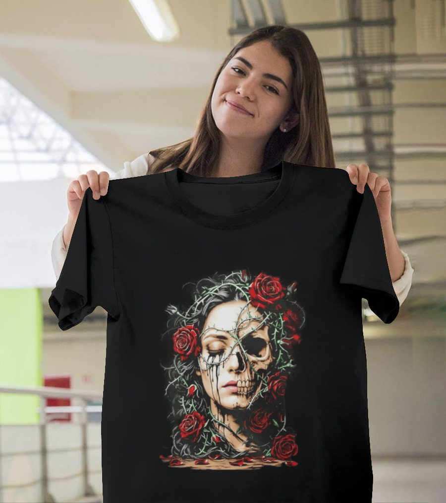 Eleventy Skull And Roses Gothic Heavy Metal Image With Thorns And Red Roses T-Shirt