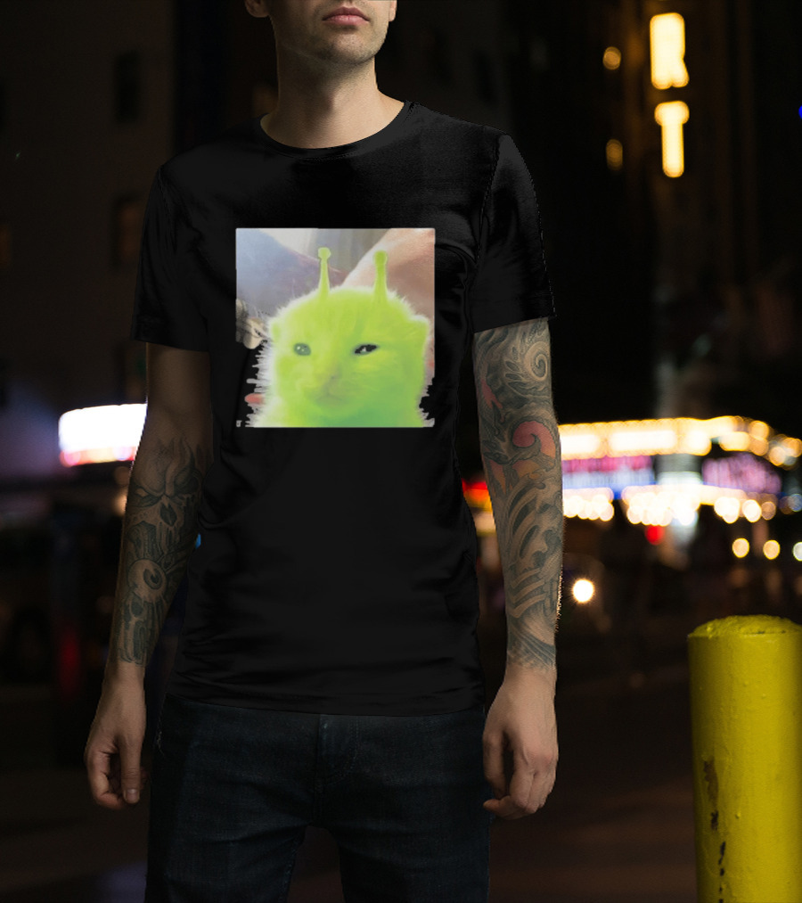 Glorp Alien Cat Winking Whimsical Green Feline With Antennae T-Shirt