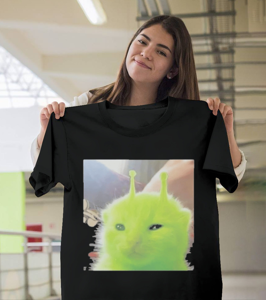Glorp Alien Cat Winking Whimsical Green Feline With Antennae T-Shirt