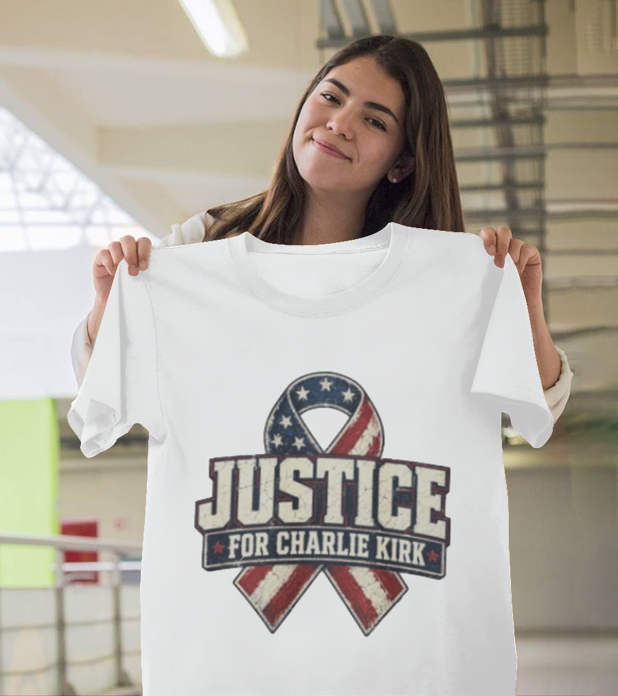 Justice For Charlie Kirk Distressed American Flag Ribbon T-Shirt