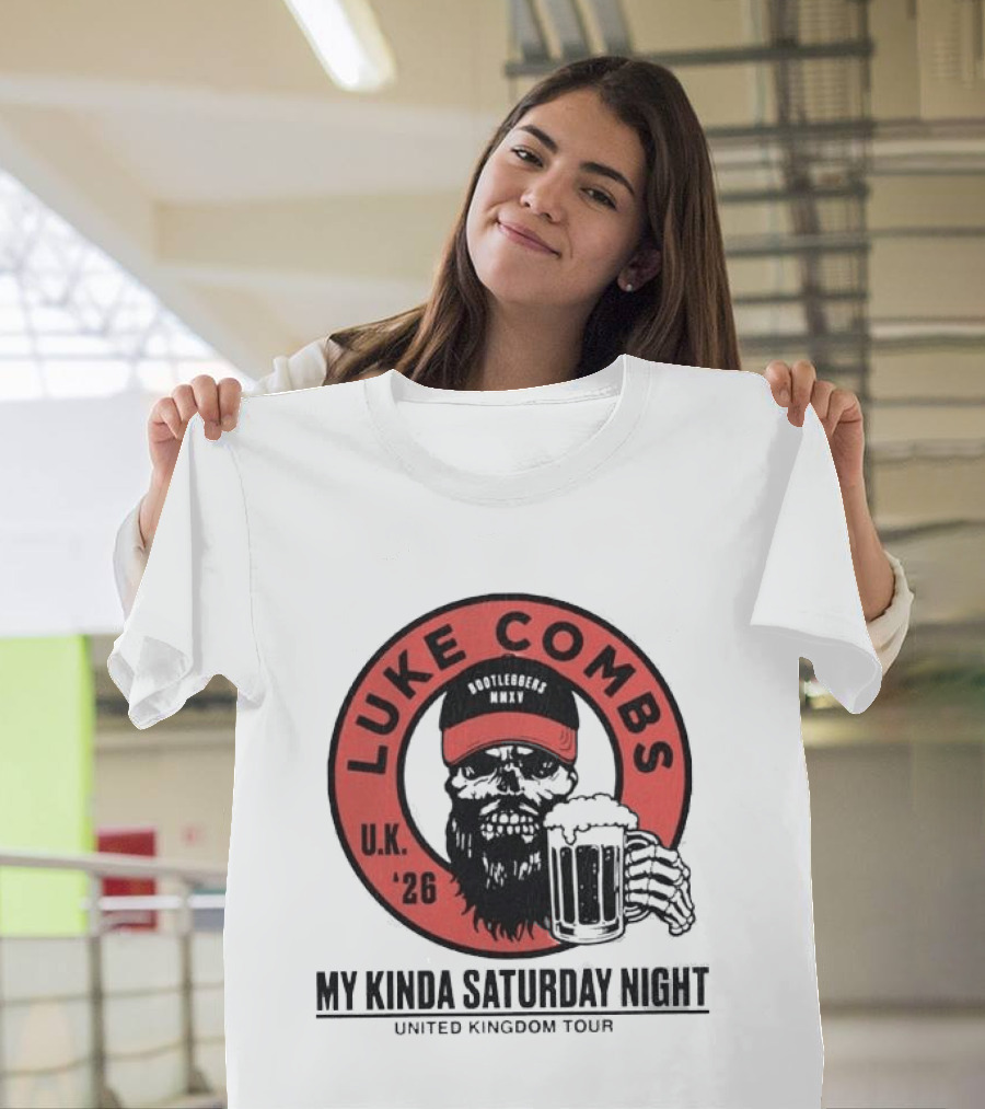 Luke Combs My Kinda Saturday Night UK Tour 2026 Pop Up Skeleton Holding Beer T-Shirt