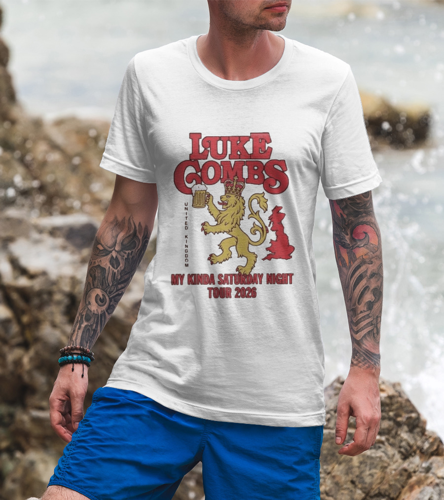 Luke Combs United Kingdom My Kinda Saturday Night Tour 2026 Lion Holding Beer T-Shirt