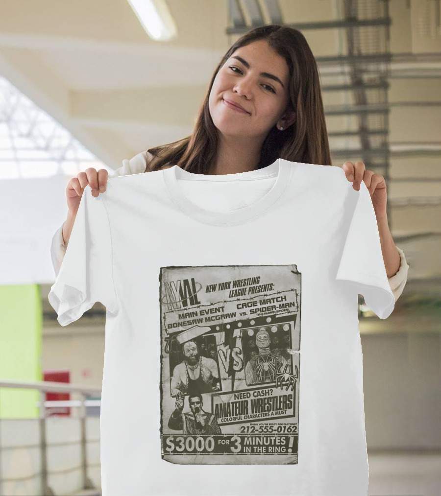New York Wrestling League Main Event Bonesaw McGraw Vs Spider Man Cage Match Flyer T-Shirt