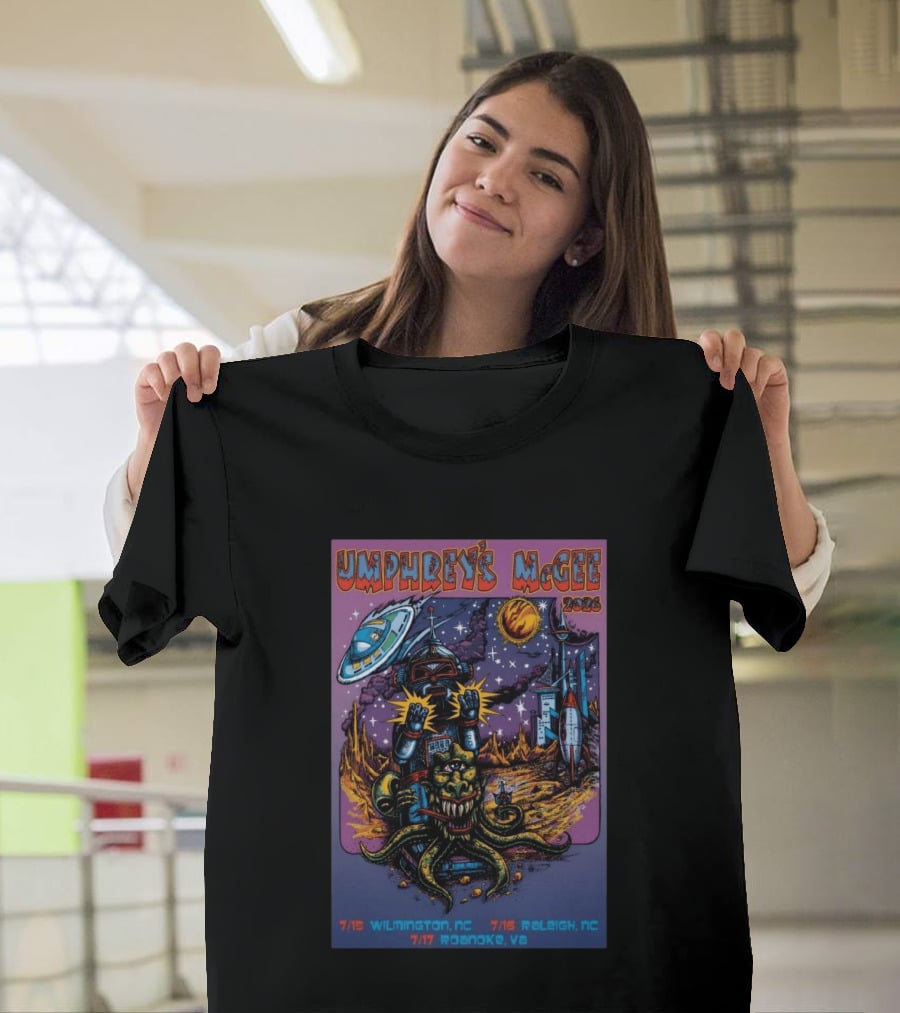 Umphrey's McGee 2026 Tour Dates With Sci Fi Art Featuring Space Monster And Robot In Roanoke VA T-Shirt