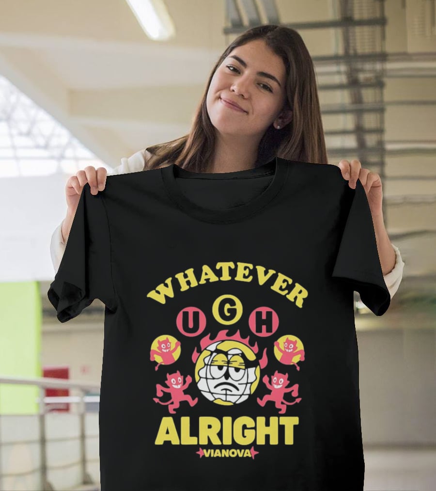 Vianova Whatever Ugh Alright Grumpy Globe Face Red Devils Cartoon T-Shirt