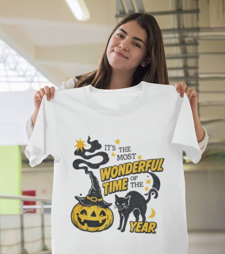 It's The Most Wonderful Time Of The Year Halloween Pumpkin Black Cat T-Shirt
