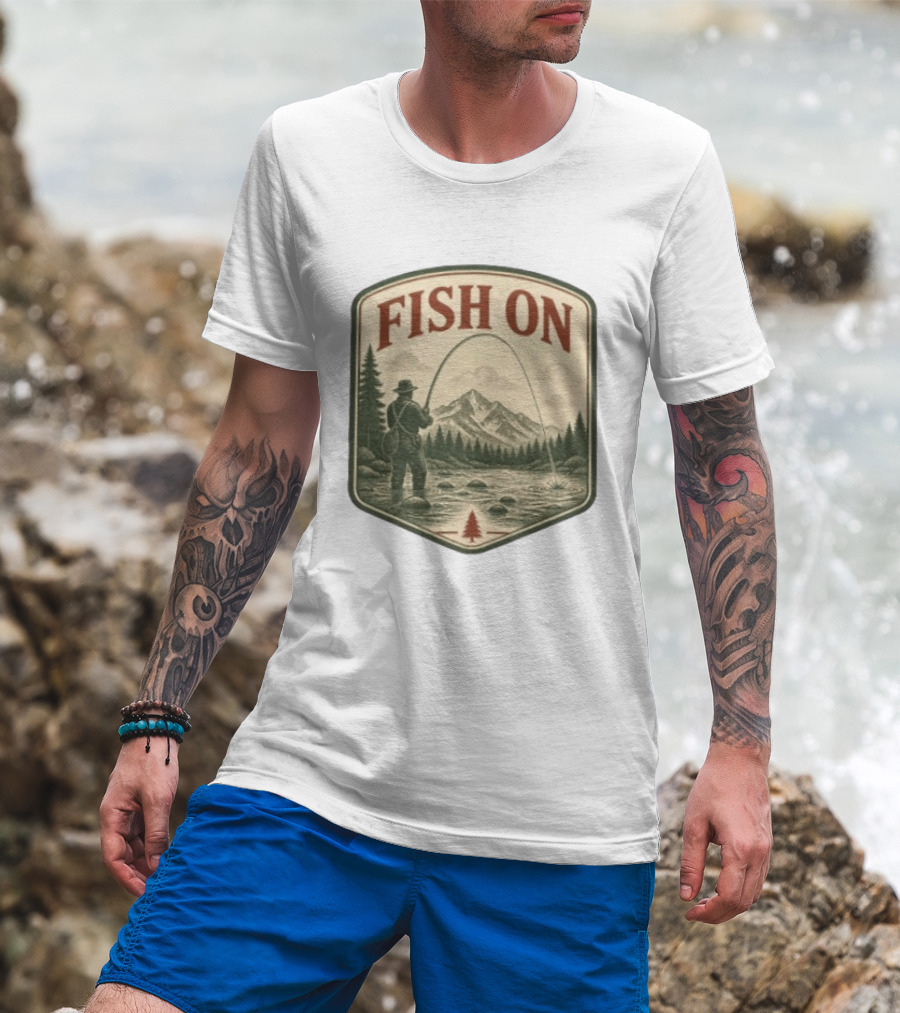 Fish On Fly Fishing Fisherman Mountain Landscape Adventure T-Shirt
