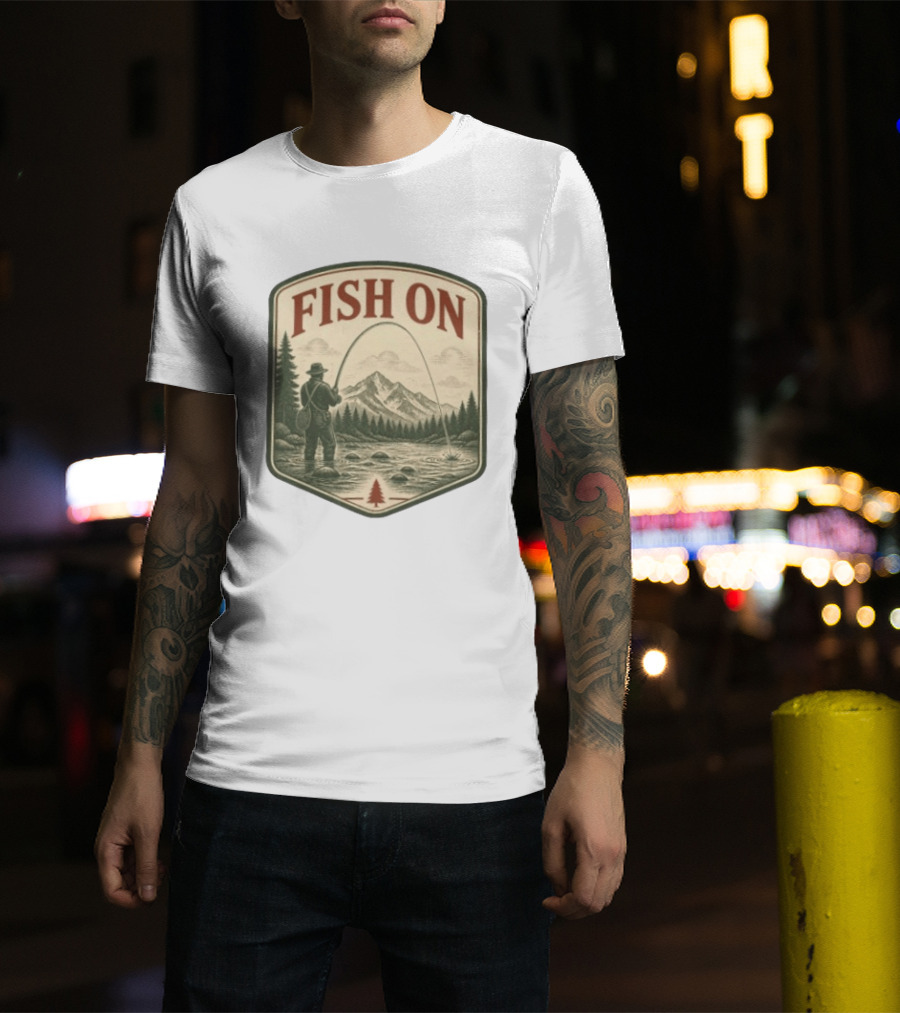 Fish On Fly Fishing Fisherman Mountain Landscape Adventure T-Shirt