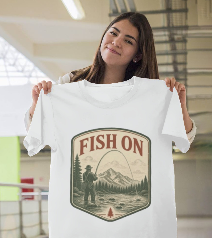 Fish On Fly Fishing Fisherman Mountain Landscape Adventure T-Shirt