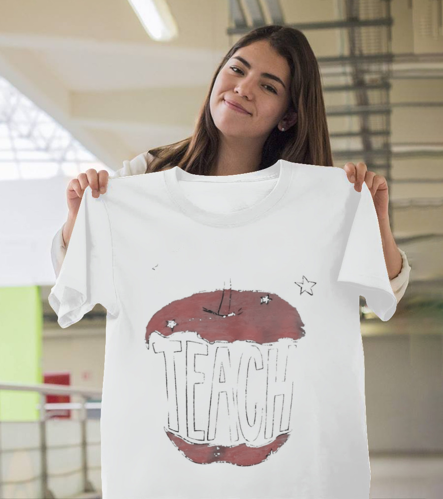 Teach Apple Bitten Cartoon Text Stars T-Shirt