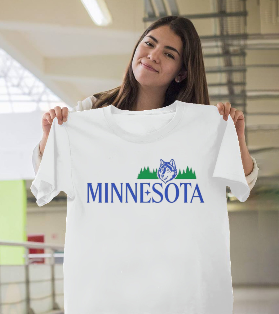 Minnesota Wolf Forest Nature Wildlife Scenery With Blue Green Trees And Animal T-Shirt