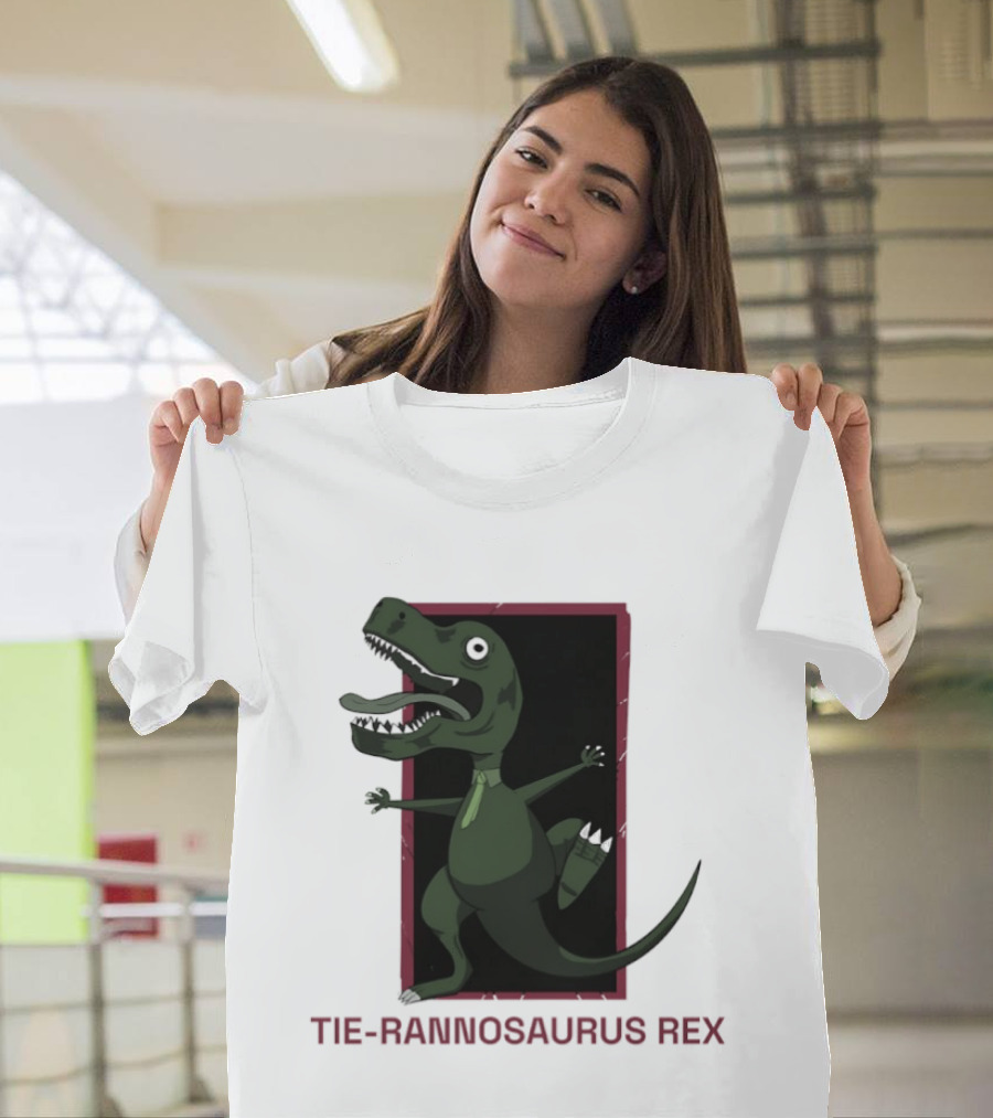 TIE RANNOSAURUS REX Dinosaur Humor Pun With Green Tie T-Shirt