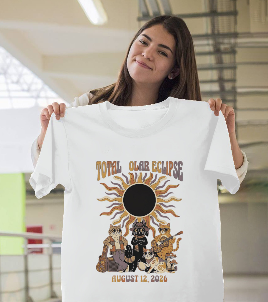 Total Solar Eclipse August 12 2026 Cats Band With Instruments And Sunglasses T-Shirt