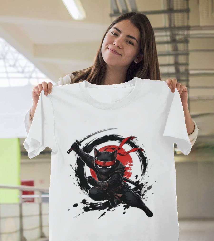 Ninja Cat Katana Warrior Red Rising Sun T-Shirt