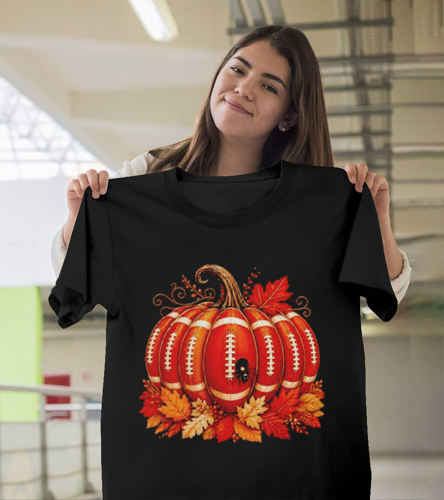 Football Pumpkin Spider Autumn Leaves Thanksgiving Decor T-Shirt