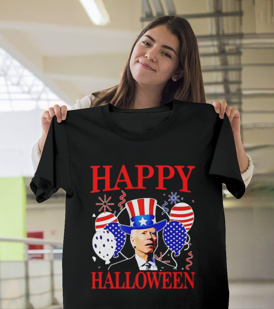 Happy Halloween Biden Uncle Sam Hat American Flag Balloons T-Shirt