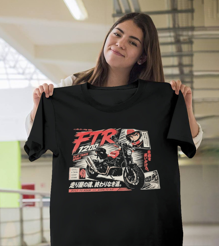 Indian FTR 1200 Flat Track Spirit Built To Roam Born To Rip 1203cc V Twin 123HP 120NM Japanese Manga T-Shirt