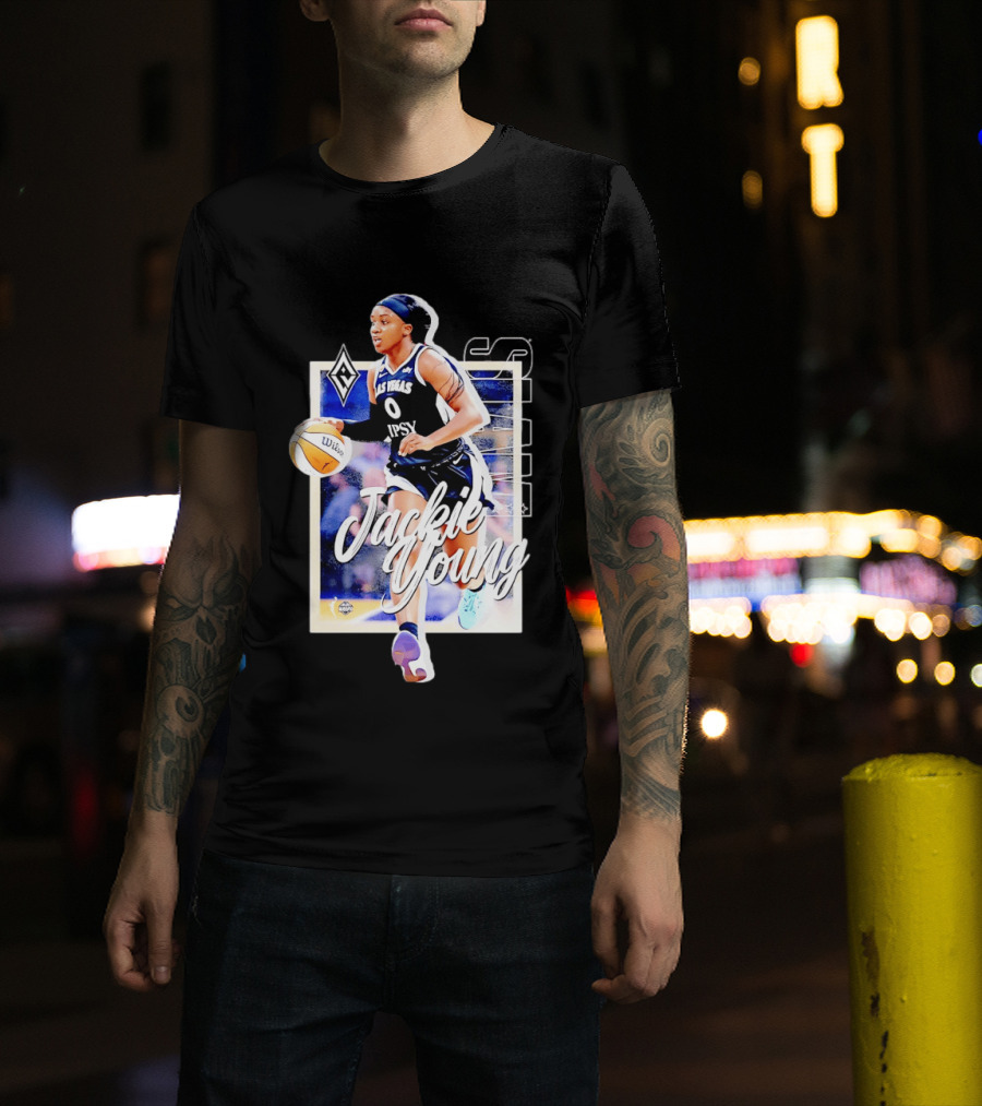 Jackie Young Las Vegas Aces Number 0 Dribbling Action With Wilson Basketball And Lids Headband T-Shirt