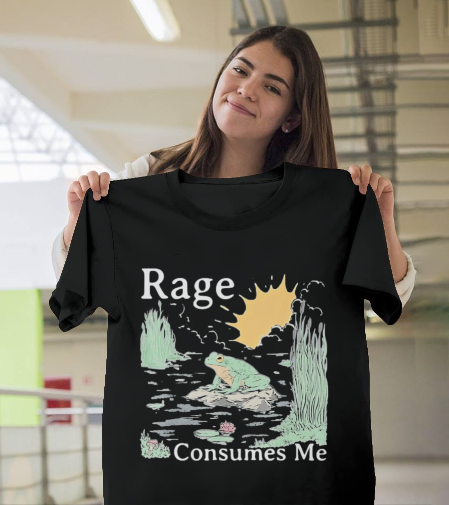 Rage Consumes Me Frog On Rock With Sunburst And Pond Scene T-Shirt