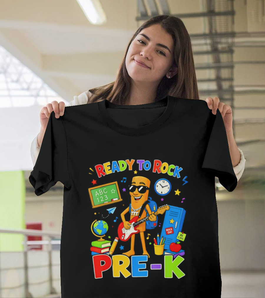 Ready To Rock Pre K Cartoon With Guitar And School Supplies T-Shirt