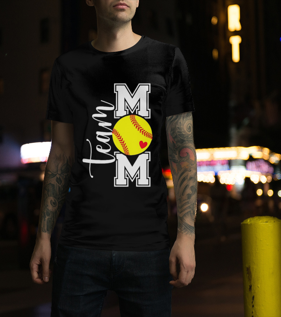 Team Mom Softball Yellow Heart Ball T-Shirt
