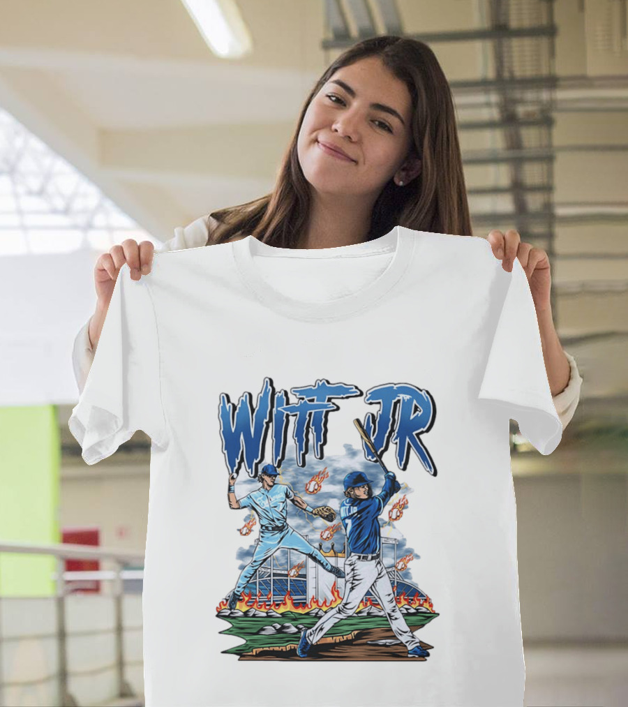Bobby Witt Jr Kansas City Royals Baseball Player Illustration With Dynamic Action Scenes T-Shirt