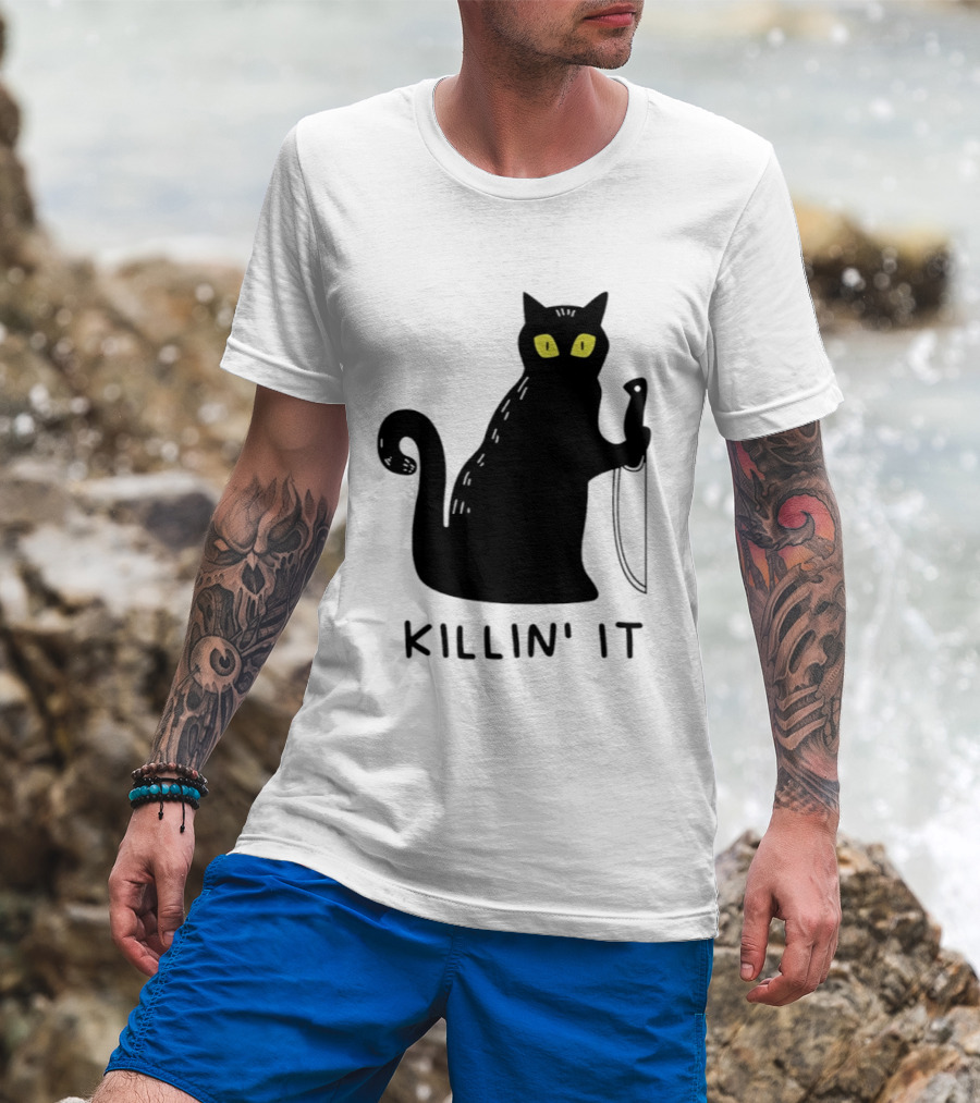 Black Cat Killin' It Halloween Knife T-Shirt