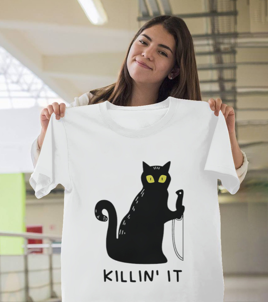 Black Cat Killin' It Halloween Knife T-Shirt