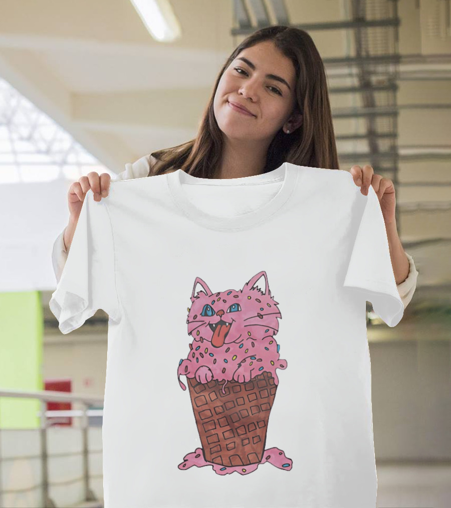 Pink Cat Ice Cream Cone Sprinkles Waffle Delight T-Shirt