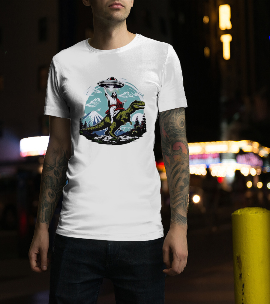 Jesus Riding Rex UFO Nature Scene With Mountains And Trees T-Shirt