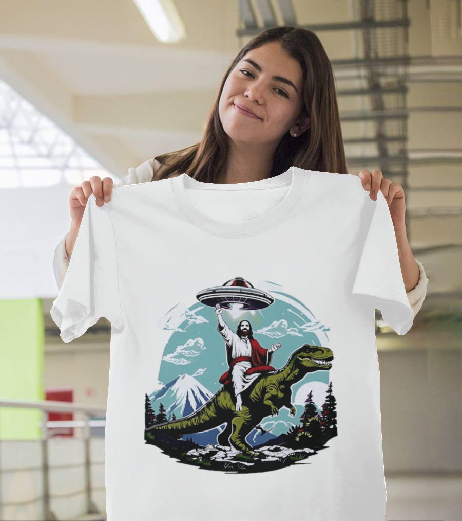 Jesus Riding Rex UFO Nature Scene With Mountains And Trees T-Shirt