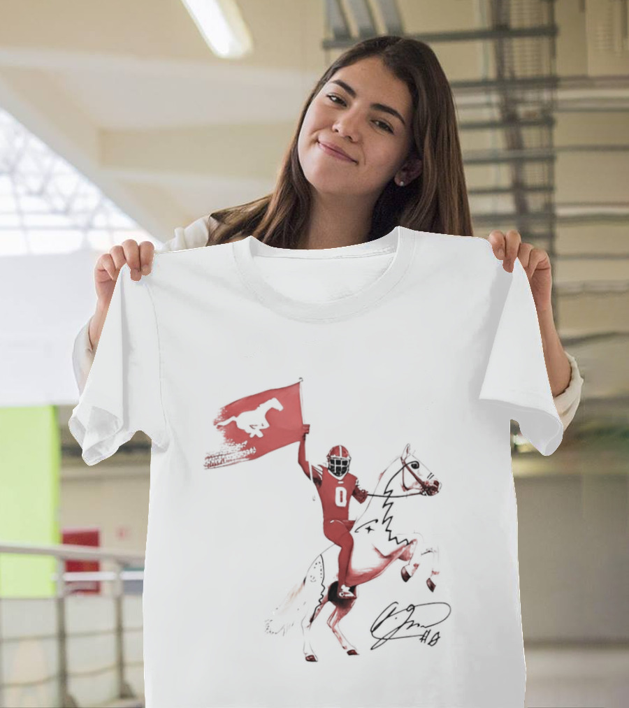 SMU Mustangs Football Player Riding Horse Holding Flag Number 0 T-Shirt