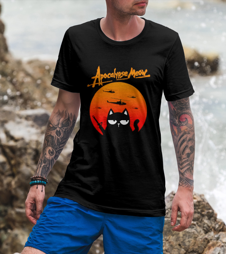 Apocalypse Meow Cat Helicopter Orange Sun T-Shirt