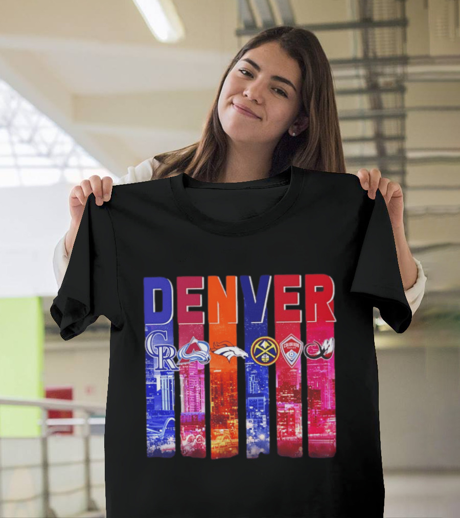 Denver City Skyline With Colorado Rockies Avalanche Broncos Nuggets Rapids Mammoth T-Shirt