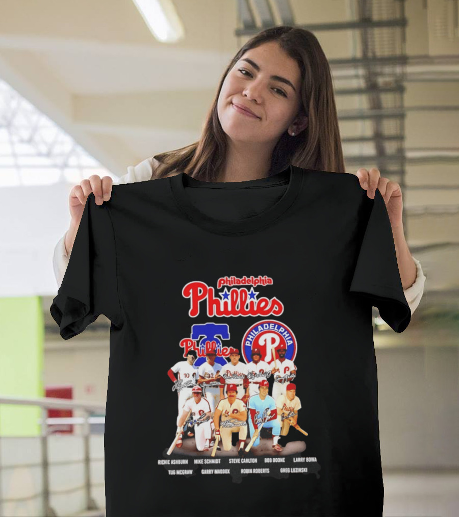 Philadelphia Phillies Legends Ashburn Schmidt Carlton Boone Bowa McGraw Maddox Roberts Luzinski Signatures Vintage Players T-Shirt