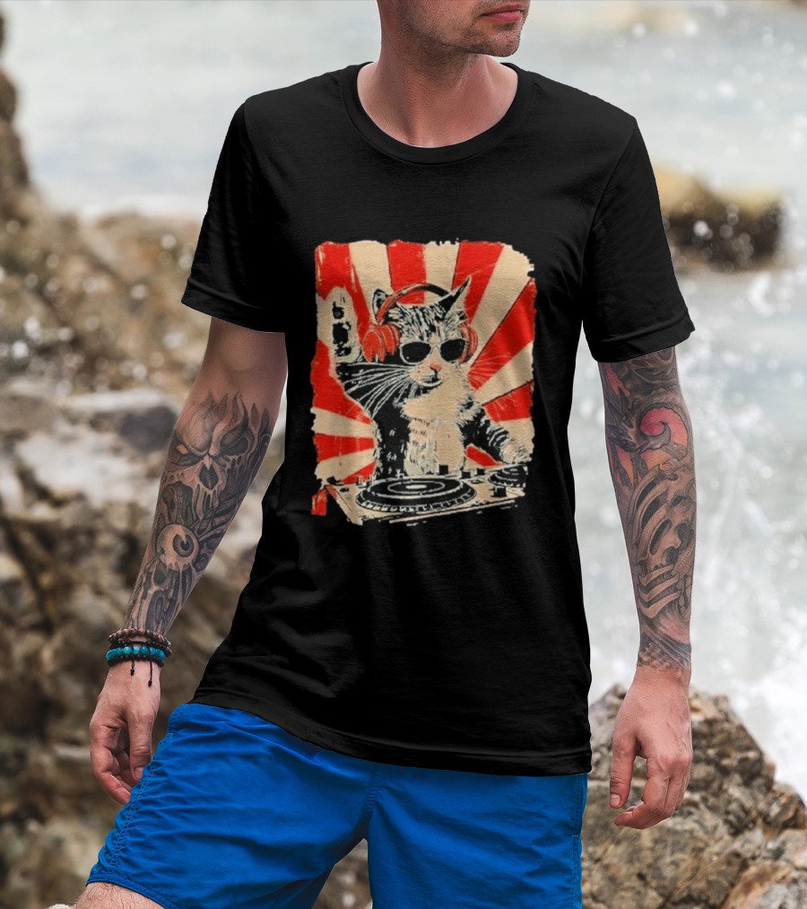 DJ Cat With Headphones Red Sunburst T-Shirt