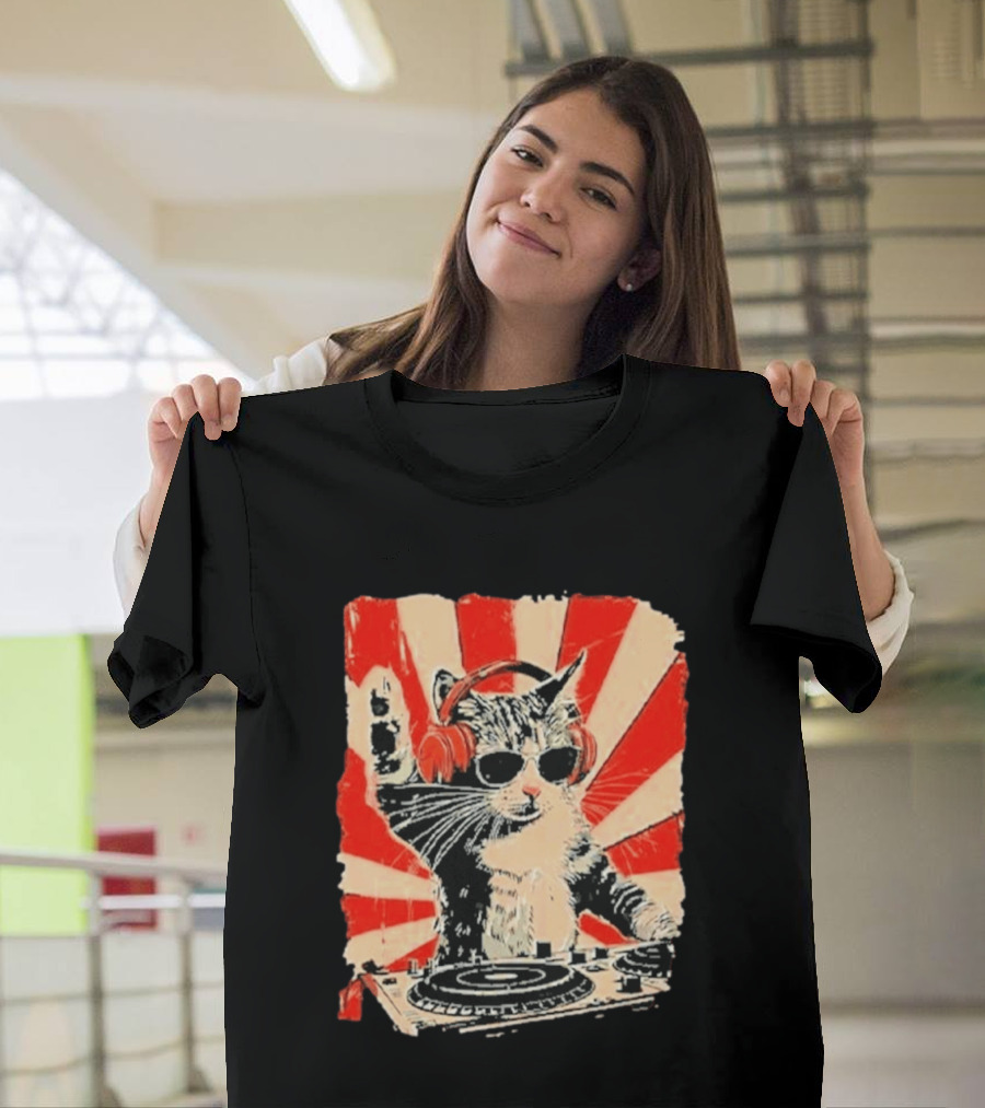 DJ Cat With Headphones Red Sunburst T-Shirt