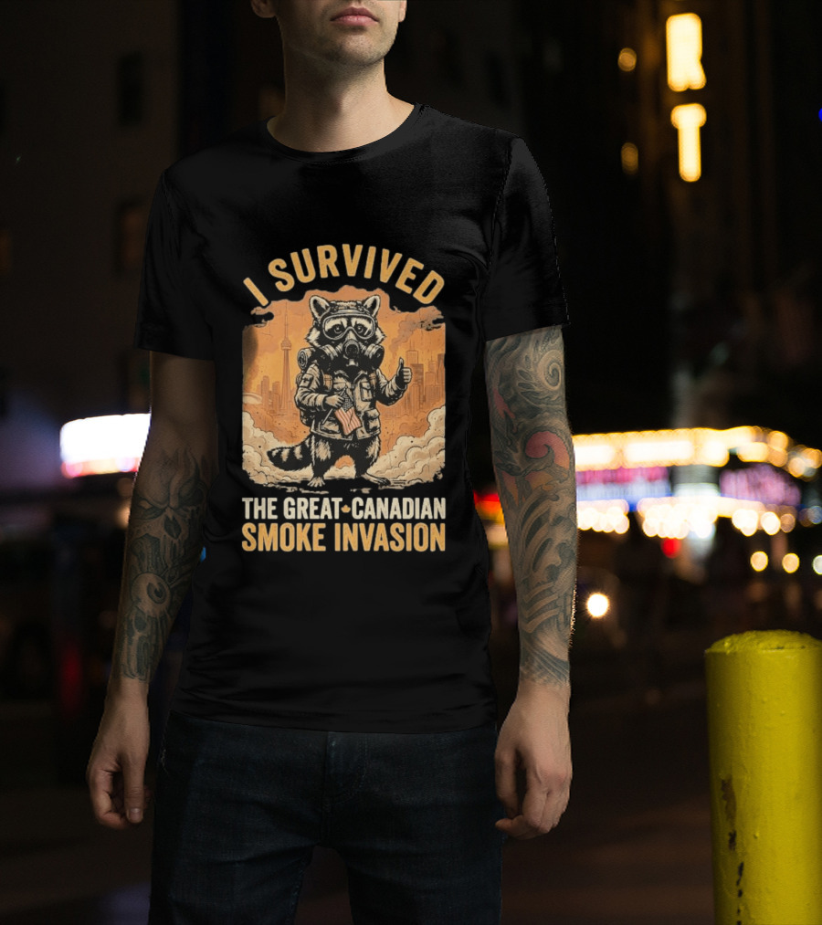 I Survived The Great Canadian Smoke Invasion Raccoon Cityscape Gas Mask T-Shirt