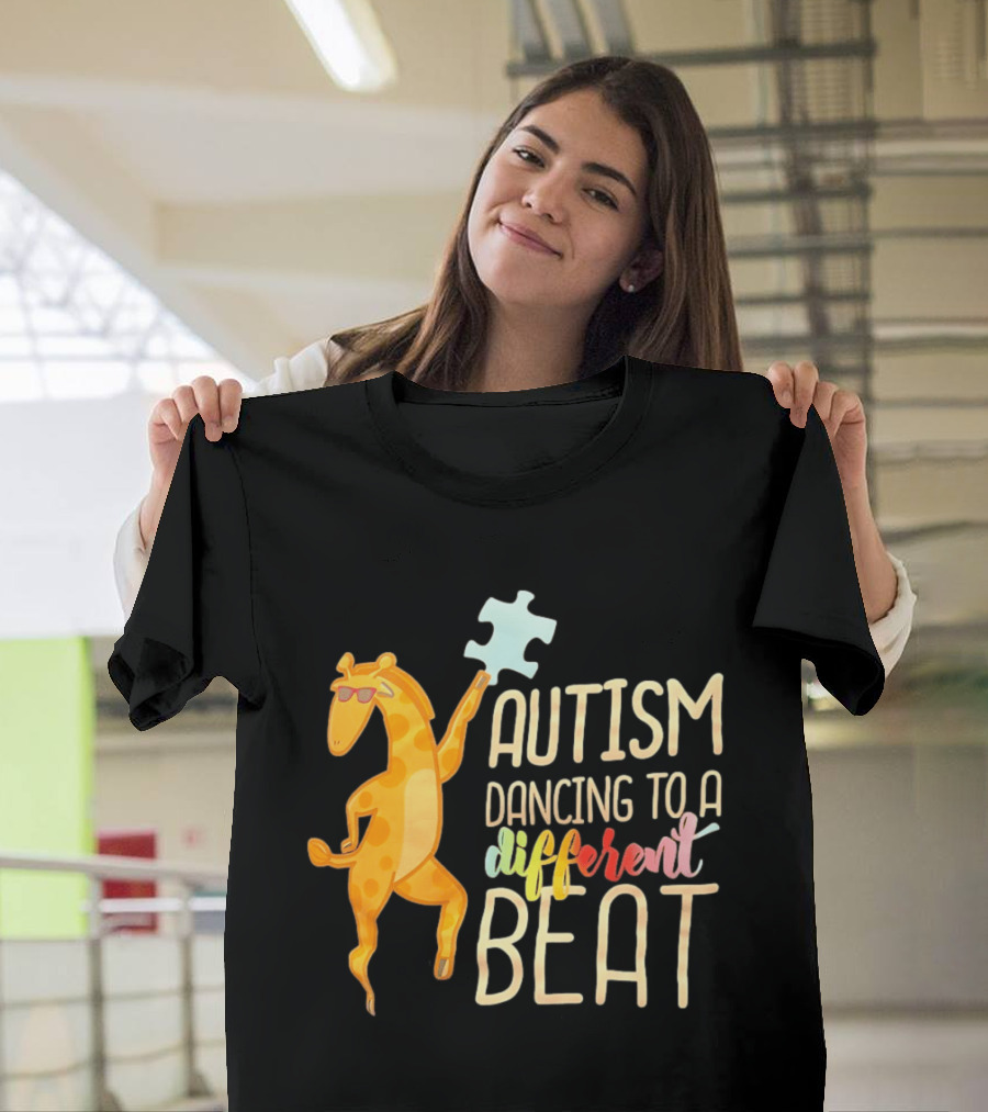 Autism Dancing To A Different Beat Giraffe Puzzle Piece And Sunglasses T-Shirt