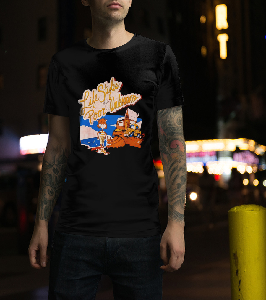 Life Styles Of The Poor And Unknown Cartoon Cat Beach Scene With House And Car T-Shirt