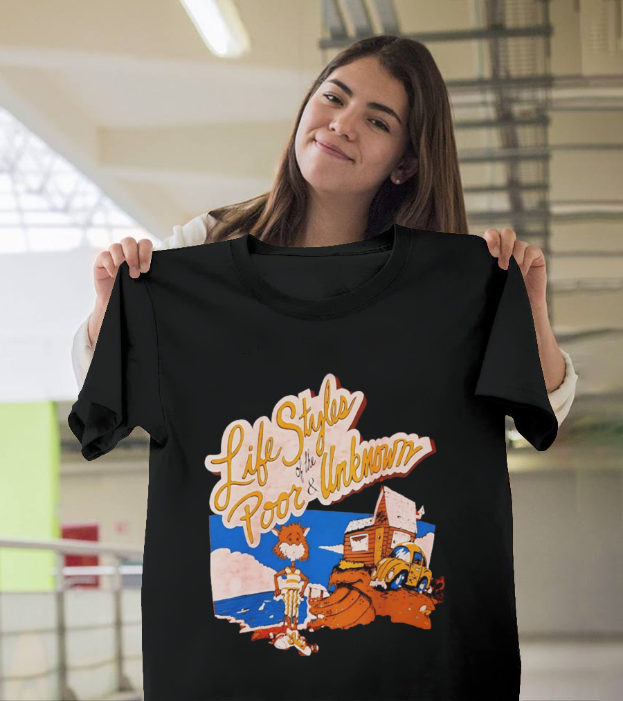 Life Styles Of The Poor And Unknown Cartoon Cat Beach Scene With House And Car T-Shirt