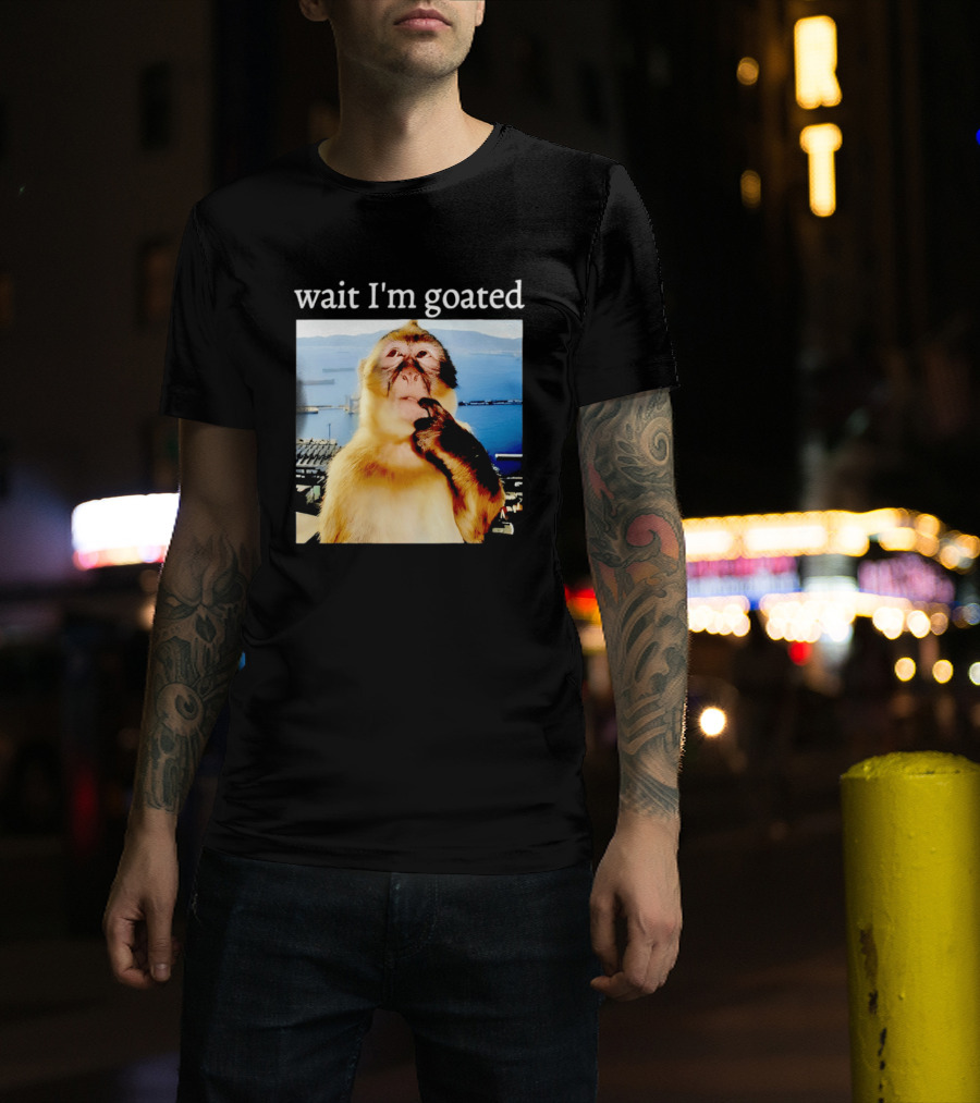 Wait I'm Goated Monkey Meme Coastal View Playful Expression T-Shirt