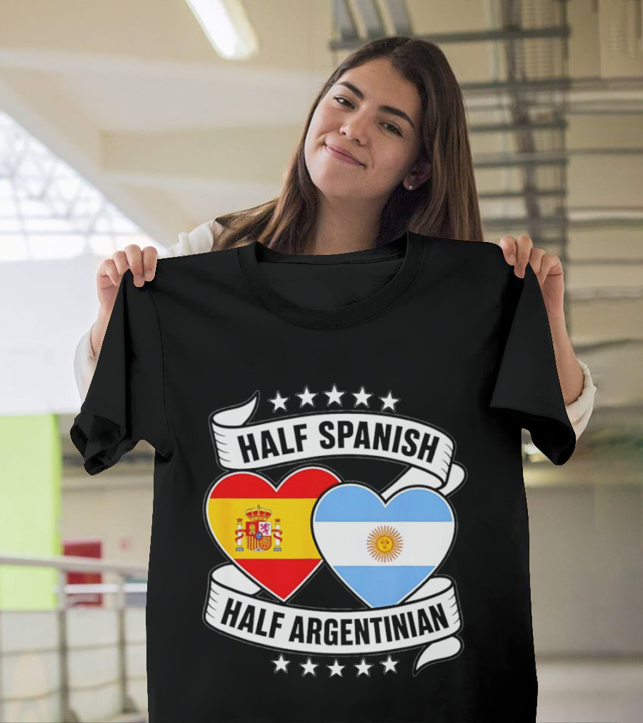 Half Spanish Half Argentinian Heart Flags Banner Star T-Shirt