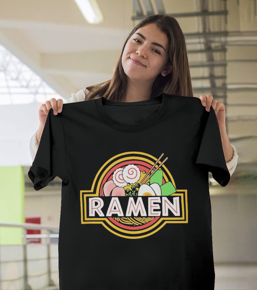 Ramen Jurassic Park Japanese Food Logo Parody With Noodles And Chopsticks T-Shirt