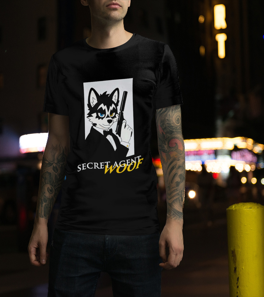 Secret Agent Woof Husky Tuxedo Spy Dog Holding Pistol Image T-Shirt