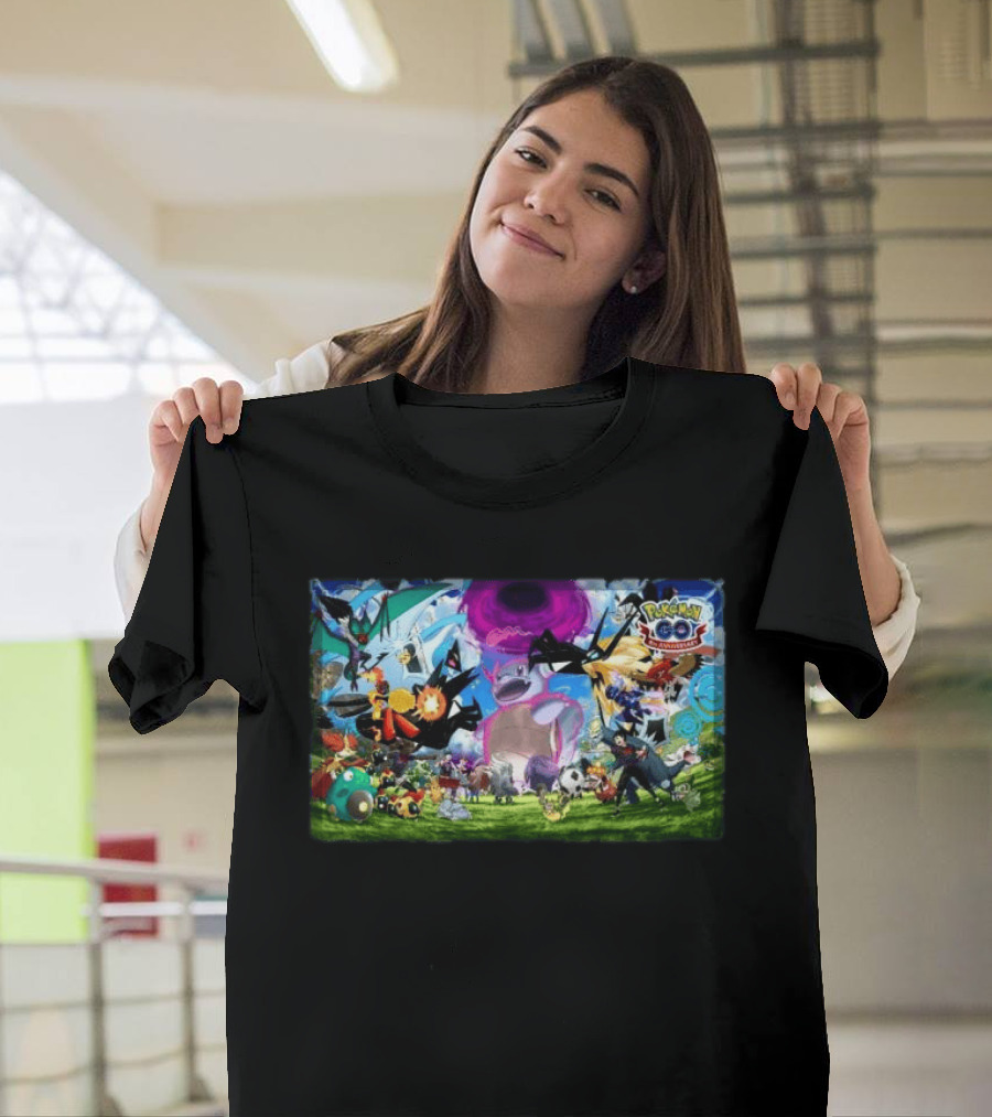 Pokémon GO 8th Anniversary Celebration Featuring Legendary And Mythical Creatures Battle Scene T-Shirt
