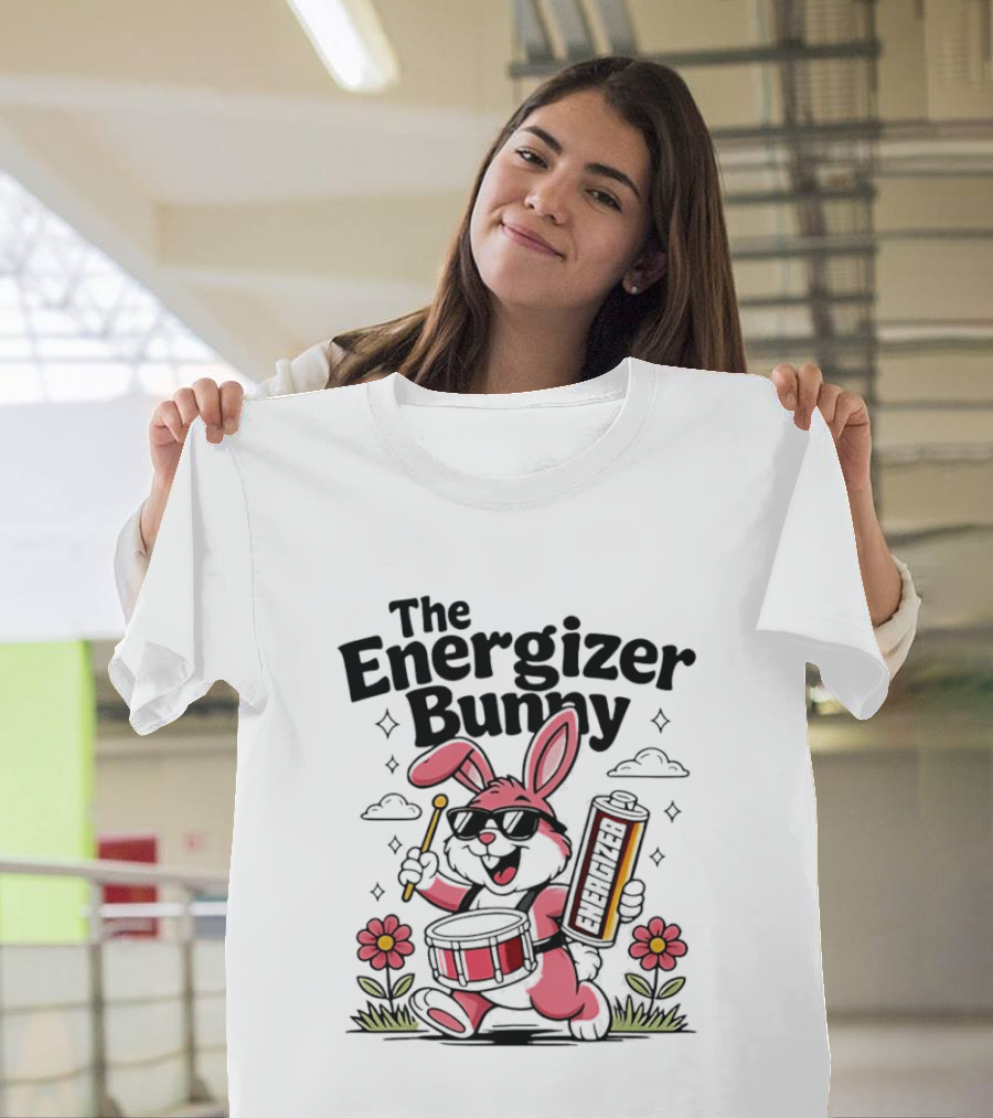 The Energizer Bunny Playing Drum Cartoon Pink Rabbit Sunglasses Drumming With Battery And Flowers T-Shirt