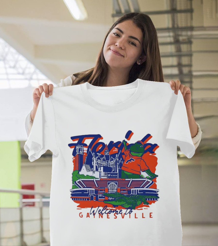 Florida Gators Welcome To Gainesville Stadium And Mascot Collage T-Shirt